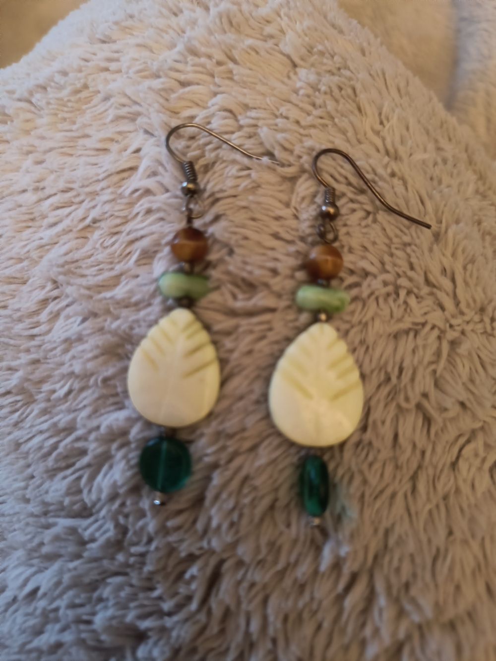 Handcrafted Cream Leaf & Green Bead Dangle Earrings